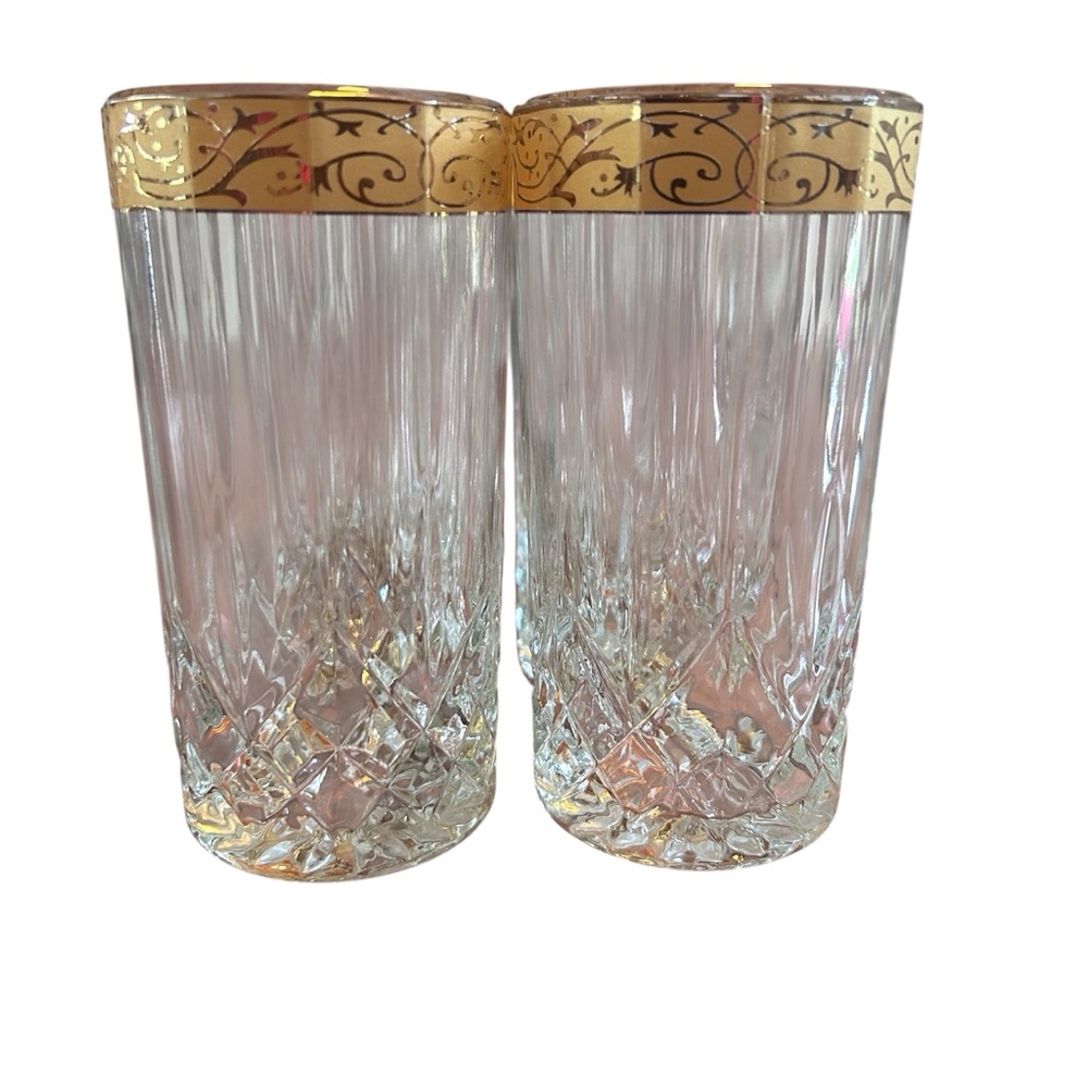 Set 6‎ Vintage Crystal Highball Glasses Gold Filigree Rim Mid Century Barware